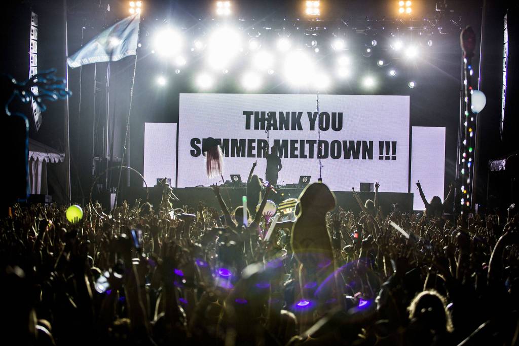 Bassnectar takes a photo with the crowd at the end of her performance at the Summer Meltdown on Sunday, Aug. 5, 2018 in Darrington. (Olivia Vanni / The Herald)