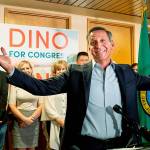 Dino Rossi, an 8th Congressional District candidate, thanks supporters at the State Republican Headquarters in Bellevue Tuesday night. (Dean Rutz/The Seattle Times via AP)