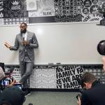 LeBron James speaks at a news conference after the opening ceremony for the I Promise School in Akron, Ohio, on July 30. The I Promise School is supported by the The LeBron James Family Foundation and is run by the Akron Public Schools. (AP Photo/Phil Long)