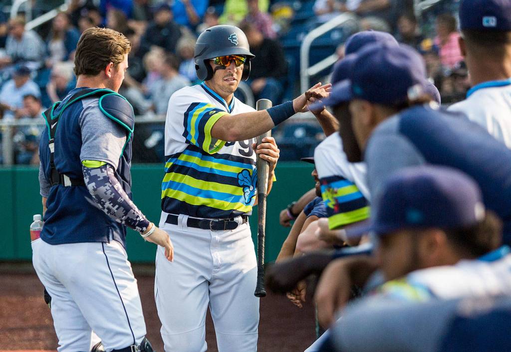 Everett AquaSoxs Ryan Garcia is high-fives by his teammates after bringing in a run during the Sunday game against the Eugene Emeralds at Everett Memorial Stadium on Aug. 12, 2018 in Everett, Wa. (Olivia Vanni / The Herald)