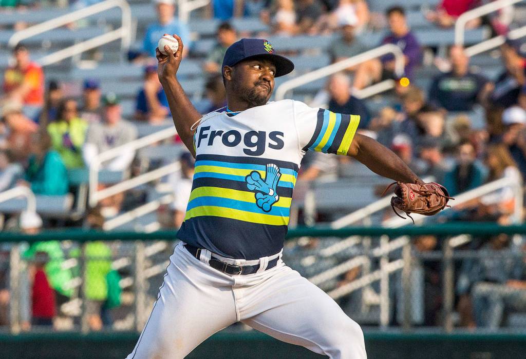 Everett AquaSoxs Jamal Wade throws a pitch during the Sunday game against the Eugene Emeralds at Everett Memorial Stadium on Aug. 12, 2018 in Everett, Wa. (Olivia Vanni / The Herald)