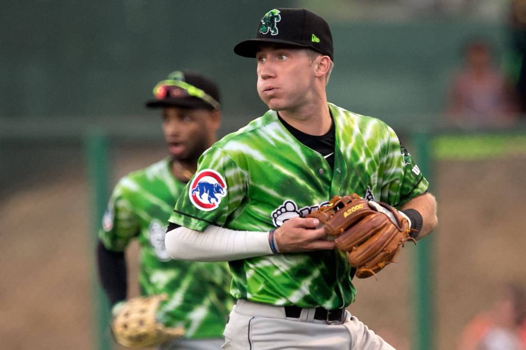 Emeralds Andy Weber eyes the infield after a pop-up Friday night at Everett Memorial Stadium in Everett on Aug. 10, 2018. (Kevin Clark / The Herald)