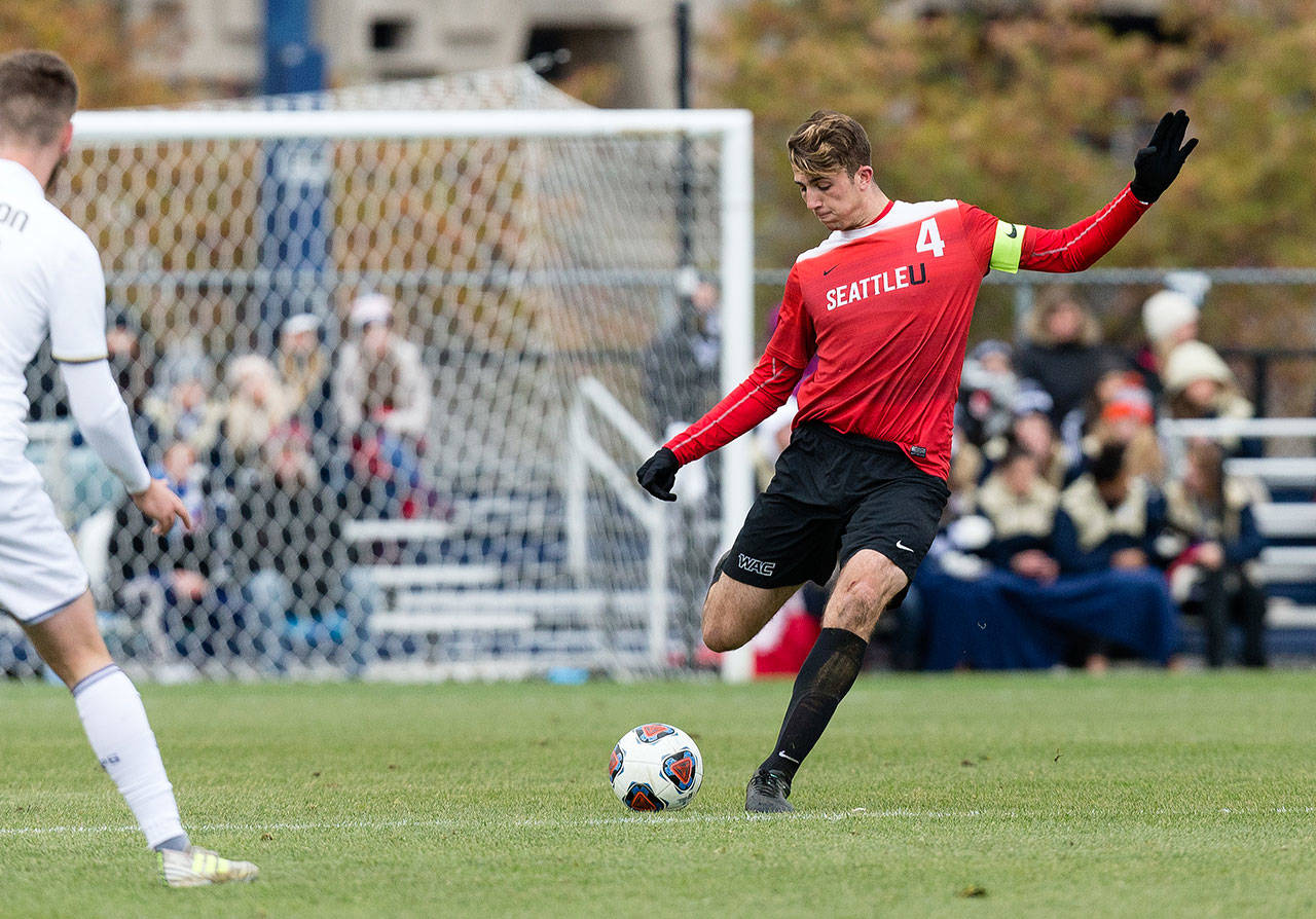Nathan Aune competes for Seattle University’s men’s soccer team during the 2017 season. Aune, a former Arlington High School standout, was named to the preseason watch list for the Hermann Trophy, college soccer’s top honor. (SU athletics photo)