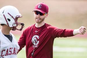 Jordan Sieh, first year head coach, runs practice Thursday afternoon at Cascade High School in Everett on August 16, 2018. (Kevin Clark / The Herald)