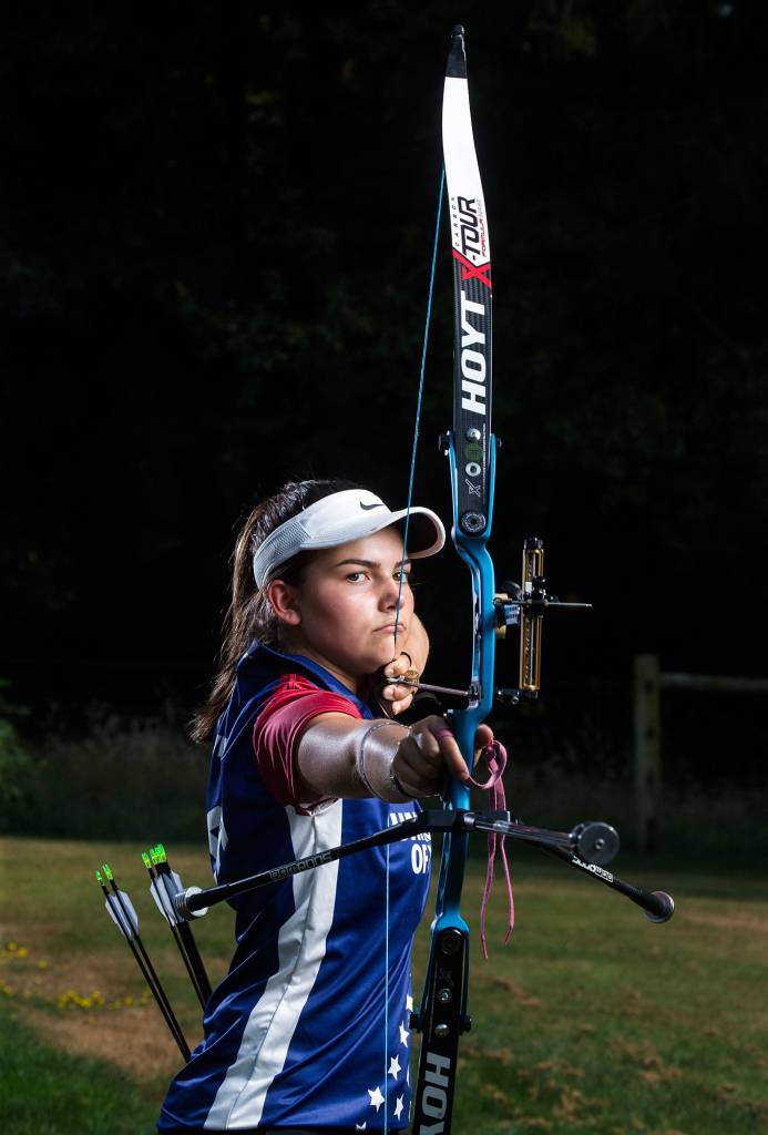 Erin White, 16, prepares to compete in the World Field Archery Championships in Cortina, Italy in September 2018. Read her story <a href="https://www.heraldnet.com/news/monroe-teen-to-compete-at-archery-championship-in-italy/" target="_blank">here</a>. (Andy Bronson / The Herald)