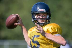 Anthony Whitis at practice Monday afternoon at Arlington High School in Arlington on August 27, 2018. (Kevin Clark / The Herald)