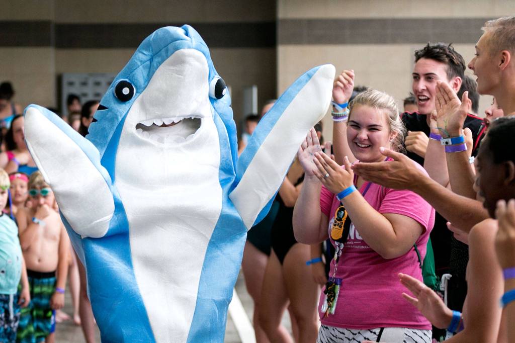 Clark the Shark makes an appearance at day camp Aug. 14 at the Lynnwood Recreation Center. <a href="https://www.heraldnet.com/news/even-without-katy-perry-clark-the-shark-is-a-pool-rock-star/" target="_blank">Why</a>, you ask? (Kevin Clark / The Herald)