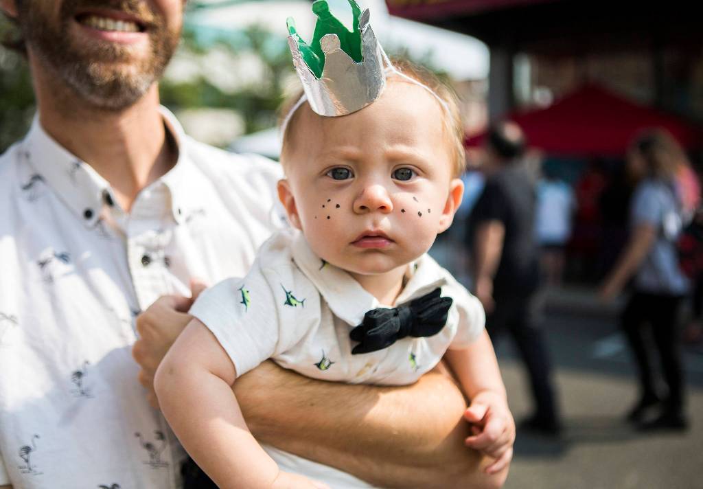 Emerson Weber, 8, dressed up as Freddy Funko at Funkos <a href="https://www.heraldnet.com/news/funkos-1-year-anniversary-party-had-things-poppin-in-everett/" target="_blank">Wetmore Block Party</a> on Aug. 18 in Everett. (Olivia Vanni / The Herald)
