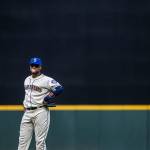Robinson Cano blows a bubble during the game against the Dodgers on Aug. 19, 2018 in Seattle, Wa. (Olivia Vanni / The Herald)