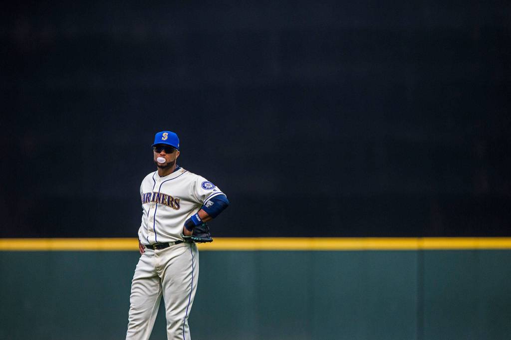 Robinson Cano blows a bubble during the game against the Dodgers on Aug. 19, 2018 in Seattle, Wa. (Olivia Vanni / The Herald)