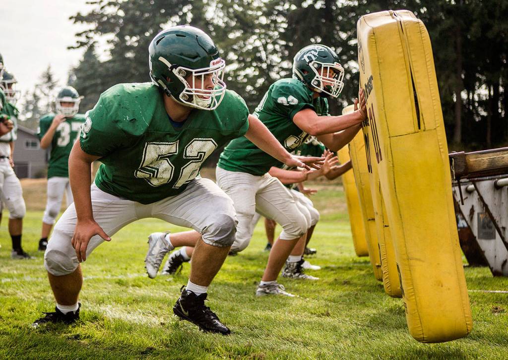Edmonds-Woodways defensive line practice blocking during Edmonds-Woodway High School football practice on Aug. 24, 2018 in Edmonds, Wa. (Olivia Vanni / The Herald)