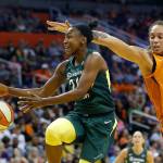 Storm guard Jewell Loyd (left) loses control of the ball as Mercury center Brittney Griner (42) and forward DeWanna Bonner defend during the first half of Game 3 of a semifinal game on Aug. 31, 2018, in Phoenix. (AP Photo/Ross D. Franklin)