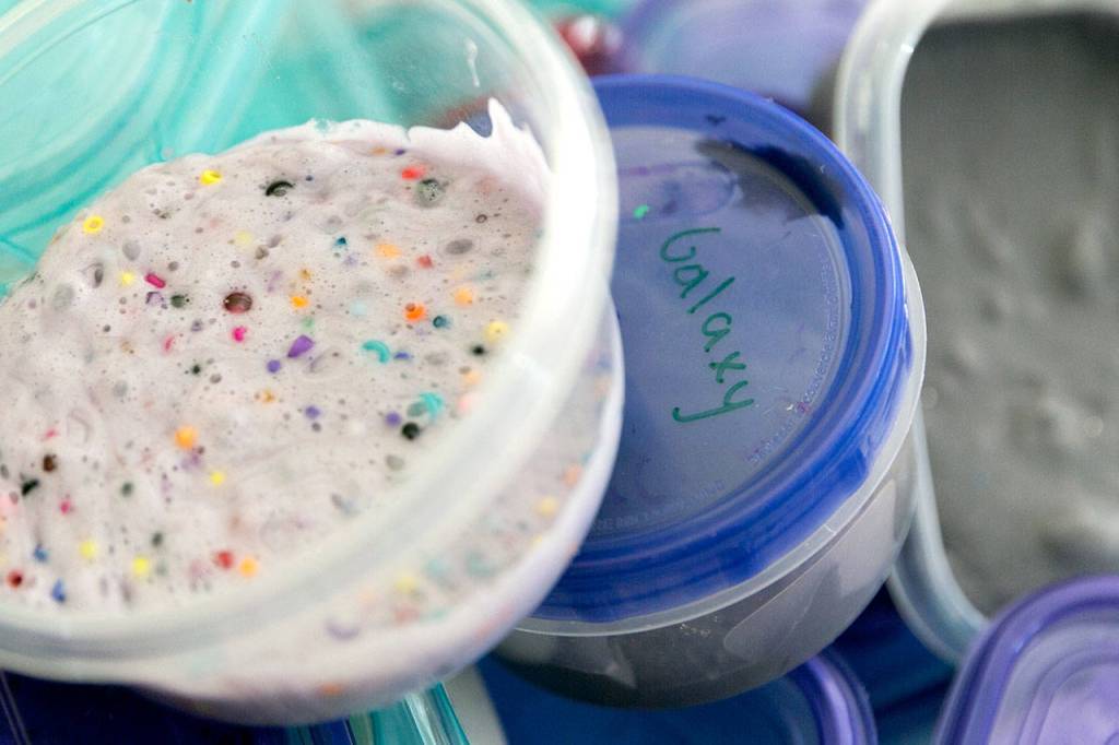 A collection of homemade slime by sisters Amaya and Allyea Hernandez at their home in Marysville. (Kevin Clark / The Herald)
