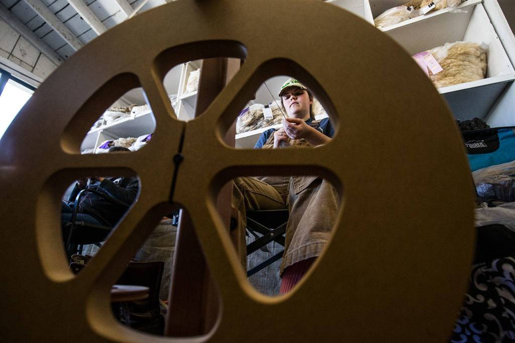 Morgan Wolf, 19, spins Romney wool into thread during the last day of the Evergreen State Fair on Monday in Monroe, Wa. (Andy Bronson / The Herald)