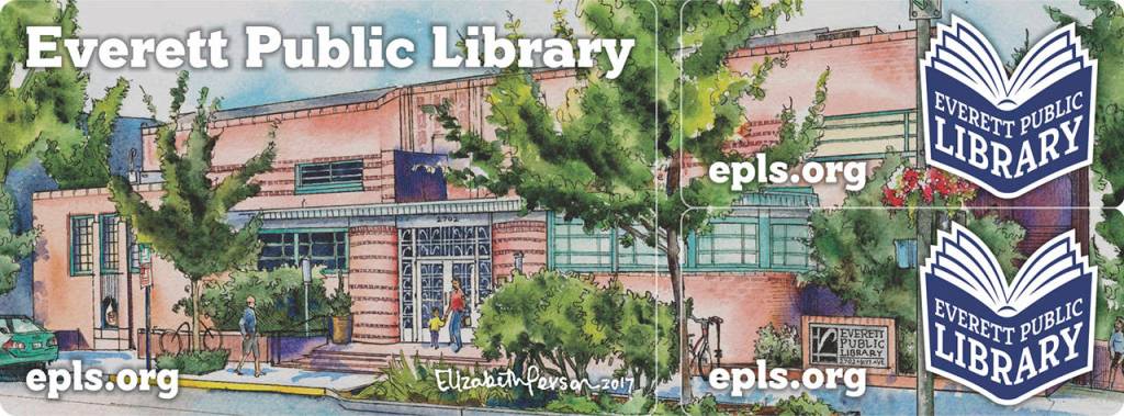 Everett Librarys new designs on library cards include a reproduction design by artist Elizabeth Person. People can choose the design on the card, which includes a smaller keychain card. (Everett Library)