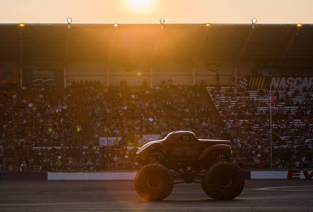 People fills the stands for Monster Trucks at the Evergreen State Fair on Aug. 24, 2018 in Monroe, Wa. (Olivia Vanni / The Herald)