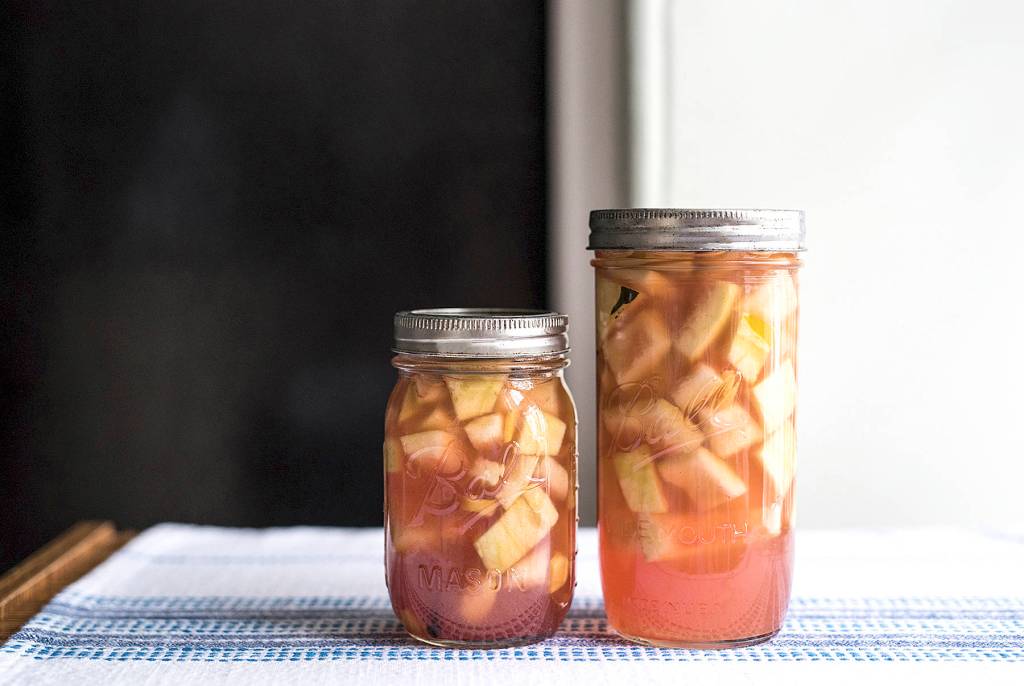 Grace Dickinson / Philadelphia Inquirer                                Watermelon rinds are capable of lending a crunchy component to stir-fry or alongside sandwiches in their quick-pickled form, as pictured here.