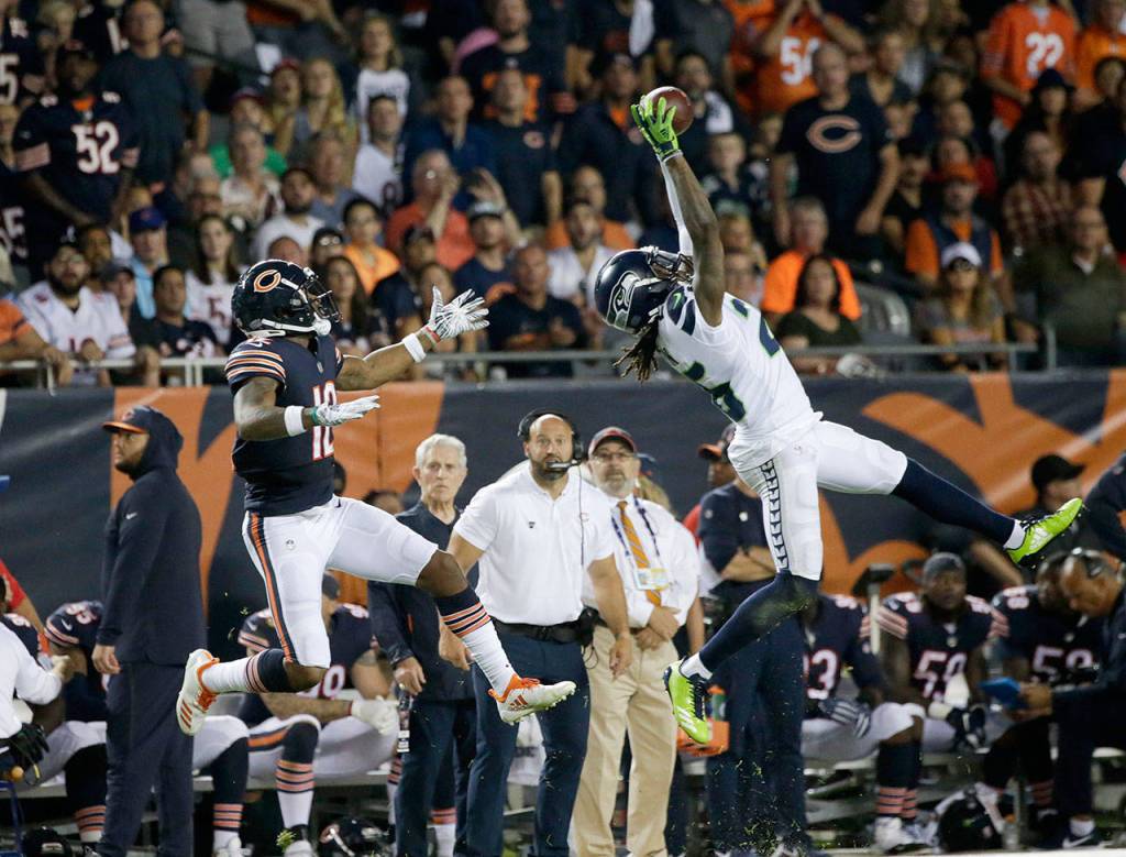 Seattles Shaquill Griffin (26) intercepts a pass intended for Chicagos Allen Robinson (12) during the Bears 24-17 win over the Seahawks on Monday in Chicago. Griffin made two interceptions in the game. (AP Photo/David Banks)