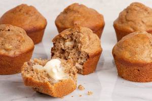 These warm spiced pear muffins have a sweet secret