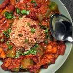 This red bean and chorizo stew tastes great topped with a scoop of red rice. Okra gives the stew additional texture. (Terrence Antonio James / Chicago Tribune)