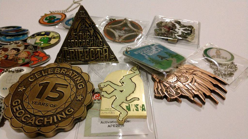 Rich Schleifer keeps a collection of trackable geocoins he and his daughter Hinako have found over the years. (Rich Schleifer)