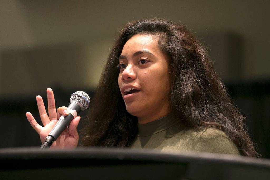 Edmonds Community Colleges Seli Aholelei speaks to the crowd after being named Collegiate Female Athlete of the Year award during the Snohomish County Sports Hall of Fame banquet on Seot. 19, 2018, at Angel of the Winds Arena in Everett. (Kevin Clark / The Herald)
