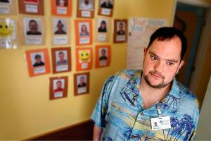 Preston Dwoskin, 26, is a former student in the Marysville School Districts 18-21 program, part of special education. He now is employed by the transition program, guiding other students toward work opportunities. Born with profound hearing loss, he has been an advocate for people with disabilities. (Dan Bates / The Herald)