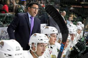 Everett Silvertips head coach Dennis Williams reacts to action against the Seattle Thunderbirds Saturday night at Xfinity Arena on September 2, 2017. (Kevin Clark / The Herald)