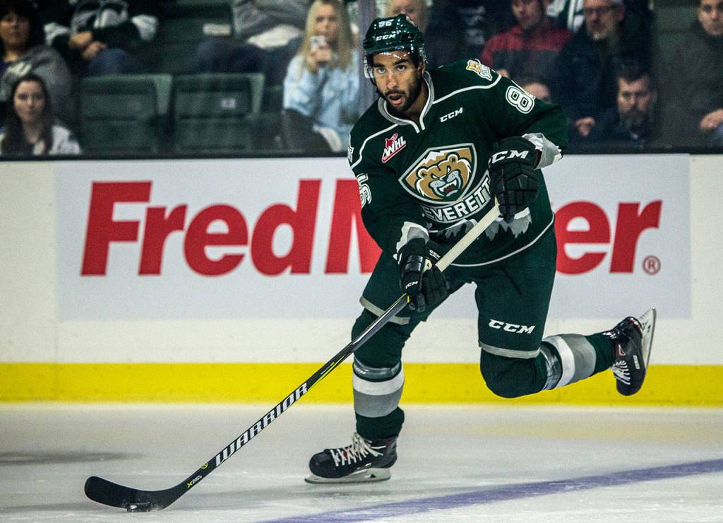 Everetts Sahvan Khaira skates with the puck Saturday at Angel of the Winds Arena. (Olivia Vanni / The Herald)