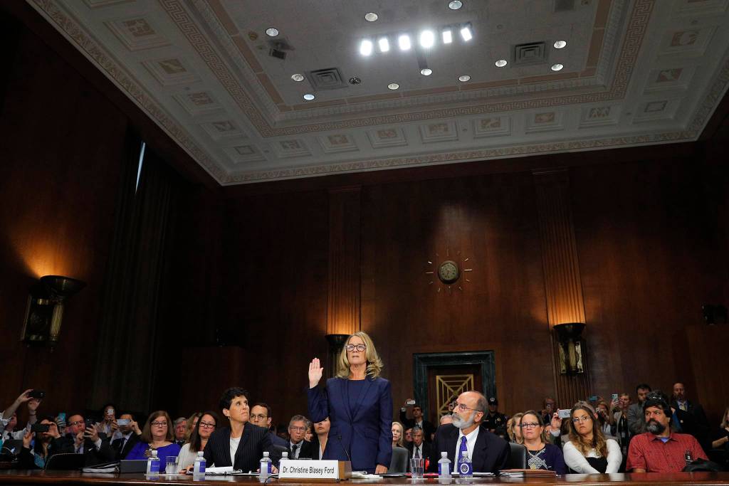 Christine Blasey Ford is sworn in to testify before the Senate Judiciary Committee on Capitol Hill in Washington on Thursday. (Jim Bourg/Pool Photo via AP)