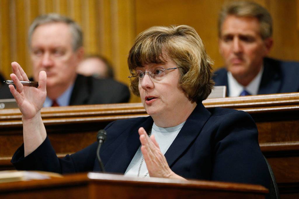 Phoenix prosecutor Rachel Mitchell asks questions to Christine Blasey Ford at the Senate Judiciary Committee hearing Thursday on Capitol Hill in Washington. (Michael Reynolds/Pool Image via AP)