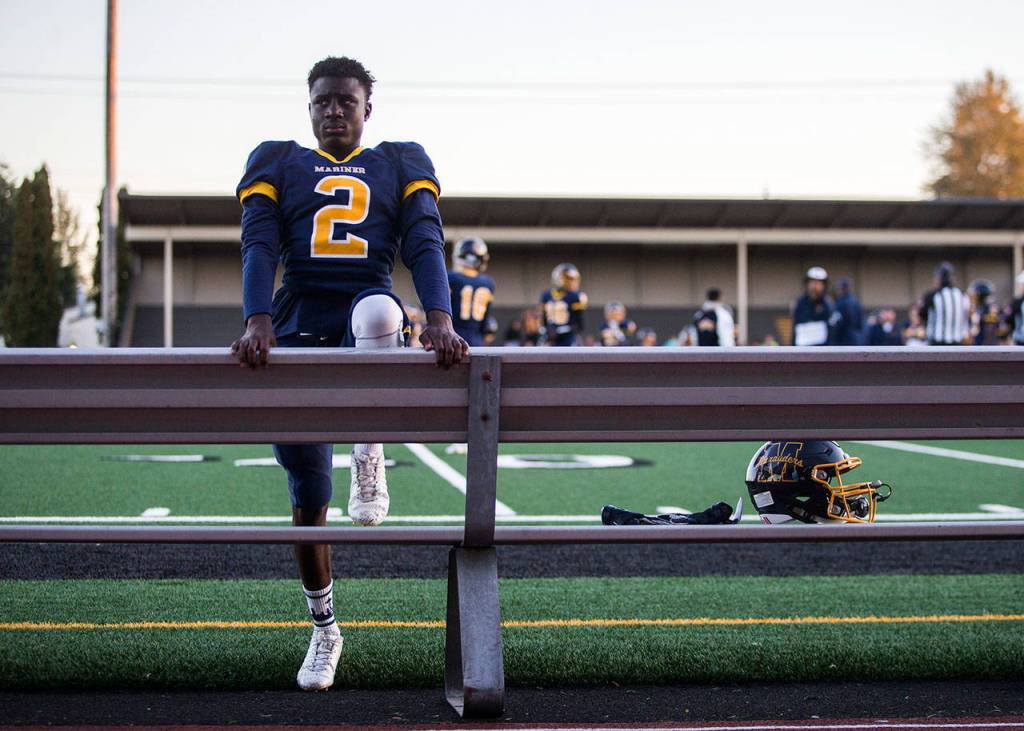 Mariners Prince Riley stretches before the game against Jackson. (Olivia Vanni / The Herald)