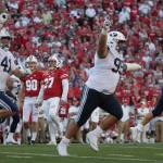 BYU players react after Wisconsin kicker Rafael Gaglianone missed a field goal in the final seconds of the second half of a game Sept. 15, 2018, in Madison, Wis. BYU won 24-21. (AP Photo/Morry Gash)