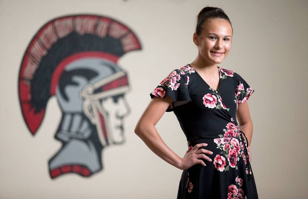 Laela-Marie Leyva recently competed as a finalist in the 2018 National American Miss Jr Teen Washington. The Stanwood Middle School 8th grader also enjoys full contact roller derby and volunteering. (Andy Bronson / The Herald)