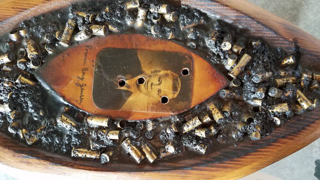 This memorial ship, created by Seattle artist Steve Jensen and dedicated to his father, is part of his Voyager exhibit at the Schack Art Center in Everett. (Sharon Salyer/ The Herald)