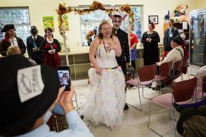 Forget wedding gifts: Costumed couple wants food bank goods