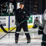 Silvertips assistant coach Harry Mahood directs a drill during practice on Oct. 3, 2018, in Everett. (Olivia Vanni / The Herald)