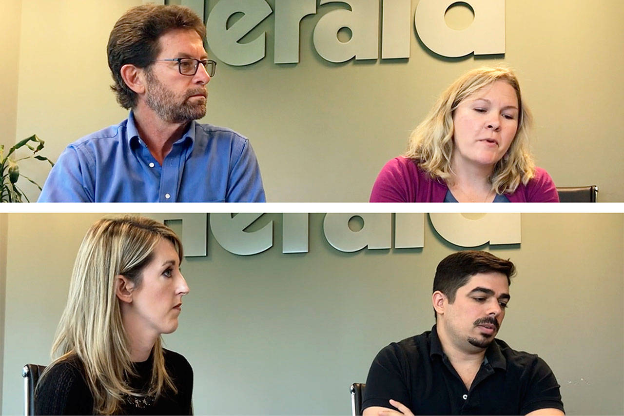 Proponents and opponents of Initiative 1639 speaking at The Daily Herald in Everett. Top row: Paul Kramer (left) and Rebecca Johnson, who urge a yes vote. Bottom row: Keely Hopkins (left) and Phil Watson, who urge a no vote.