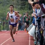 Edmonds-Woodway senior Deyago Peraza runs down the final stretch toward the finish line Saturday during the Hole in the Wall Invitational at Lakewood High School in Arlington. (Olivia Vanni / The Herald)