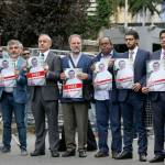 Members of the Turkish-Arab journalist association hold posters with photos of missing Saudi writer Jamal Khashoggi during a protest near the Saudi Arabian consulate in Istanbul in Monday. (AP Photo/Lefteris Pitarakis)