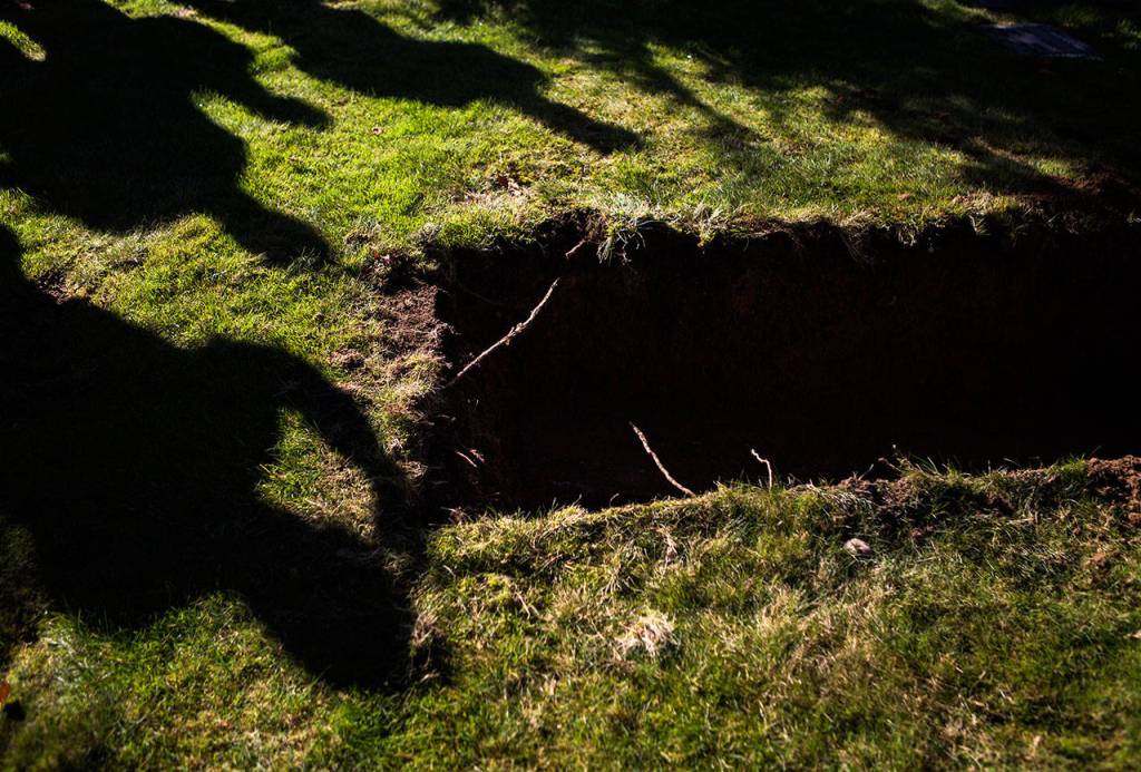 Investigators stand beside the empty grave of a John Doe that was exhumed at Cypress Lawn cemetery on Oct. 17 in Everett. (Olivia Vanni / The Herald)