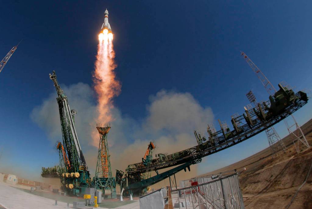 The Soyuz-FG rocket booster with Soyuz MS-10 space ship carrying a new crew to the International Space Station, ISS, blasts off at the Russian leased Baikonur cosmodrome, Kazakhstan, on Thursday. The Soyuz booster rocket failed about two minutes after the launch. (AP Photo/Dmitri Lovetsky)