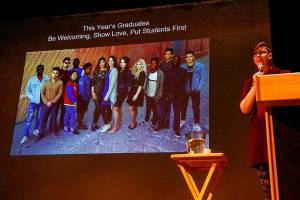 Mandy Manning, the 2018 National Teacher of the Year showed pictures and delivered her message of inclusion at a public event Monday at South Whidbey High School. Manning teaches at the Newcomer Center at Ferris High School in Spokane. (Dan Bates / The Herald)