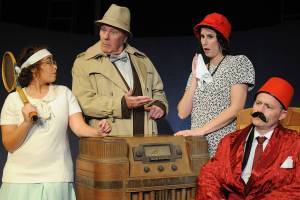 Jeryn Pasha, David Persson, Lydia ODay and Mike Merz in Red Curtains production of The Real Inspector Hound, opening Oct. 19 in Marysville. (Photo by Larry T. Lisk)