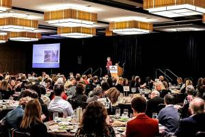 Keynote speaker Jenny Lay-Flurrie, Microsofts Chief Accessibility Officer, spoke of creating technologies, workplaces and communities that celebrate and harness the power of people of all abilities, and how she has found strength through her own disability. (Madison Miller / Bothell-Kenmore Reporter).