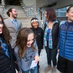 Five of the 21 youth plaintiffs in a federal climate change lawsuit against the federal government, including, from left, Sahara Valentine, 11, Jacob Lebel, 19, Avery McRae, 10, Miko Vergun, 15, Kelsey Julianna, 20, and Zealand Bell, 11, celebrate on the courthouse steps in 2016 in Eugene, Oregon, after U.S. District Judge Ann Aiken rejected requests from the federal government and trade groups representing many of the worlds largest energy companies to dismiss their lawsuit. (Chris Pietsch /The Register-Guard via AP, File)
