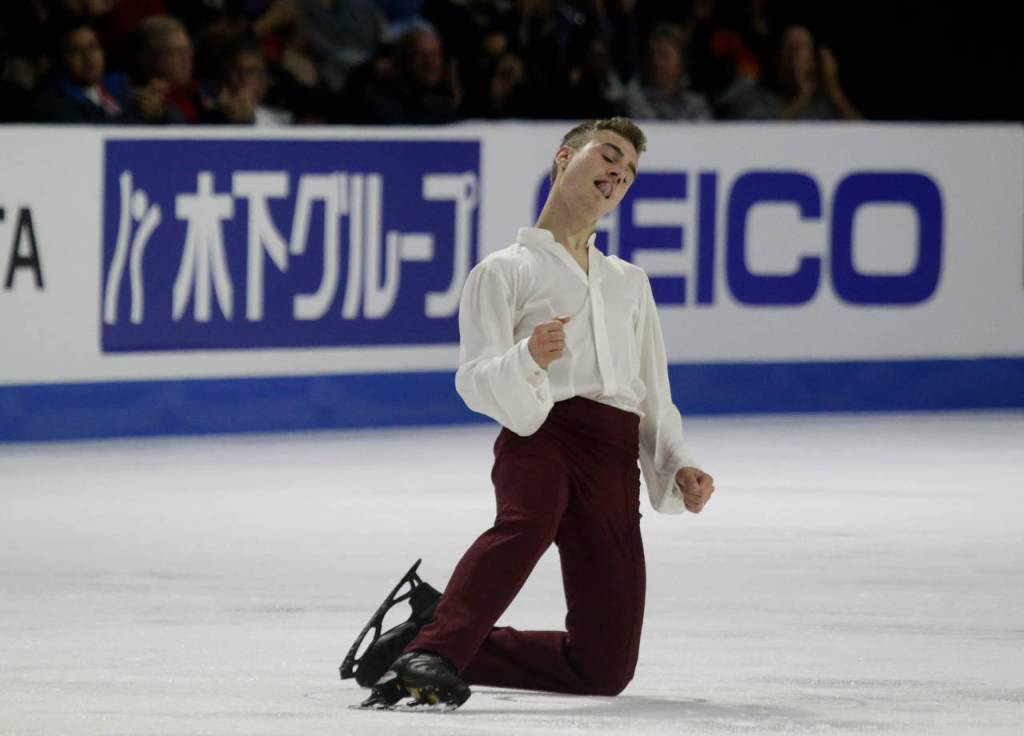 Mateo Rizzo of Italy reacts at the end of his mens short program at the 2018 Skate America competition Friday at Angel of the Winds Arena in Everett. (Andy Bronson / The Herald)