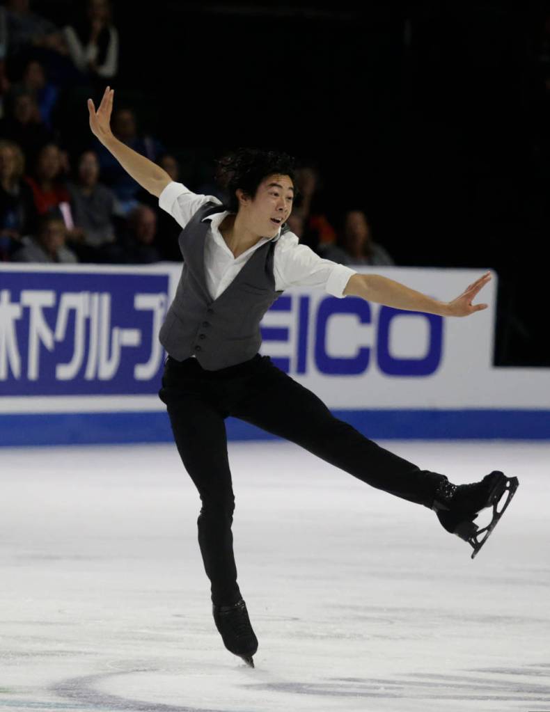 Nathan Chen skates towards the judges at the 2018 Skate America competition Friday at Angel of the Winds Arena in Everett. (Andy Bronson / The Herald)