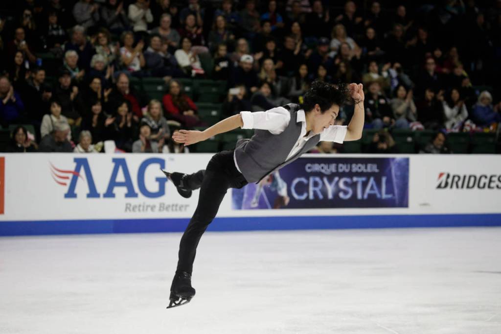 Nathan Chen leaps during the mens short program at the 2018 Skate America competition Friday at Angel of the Winds Arena in Everett. (Andy Bronson / The Herald)