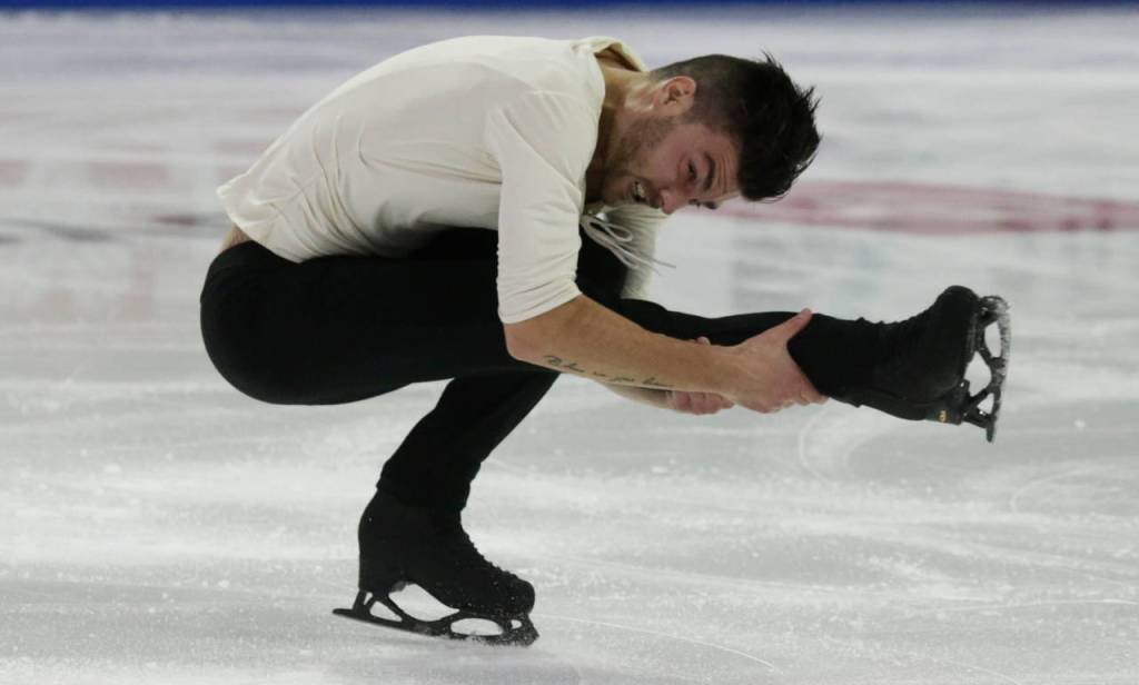 Frances Romain Ponsart spins during the mens short program at the 2018 Skate America competition Friday at Angel of the Winds Arena in Everett. (Andy Bronson / The Herald)